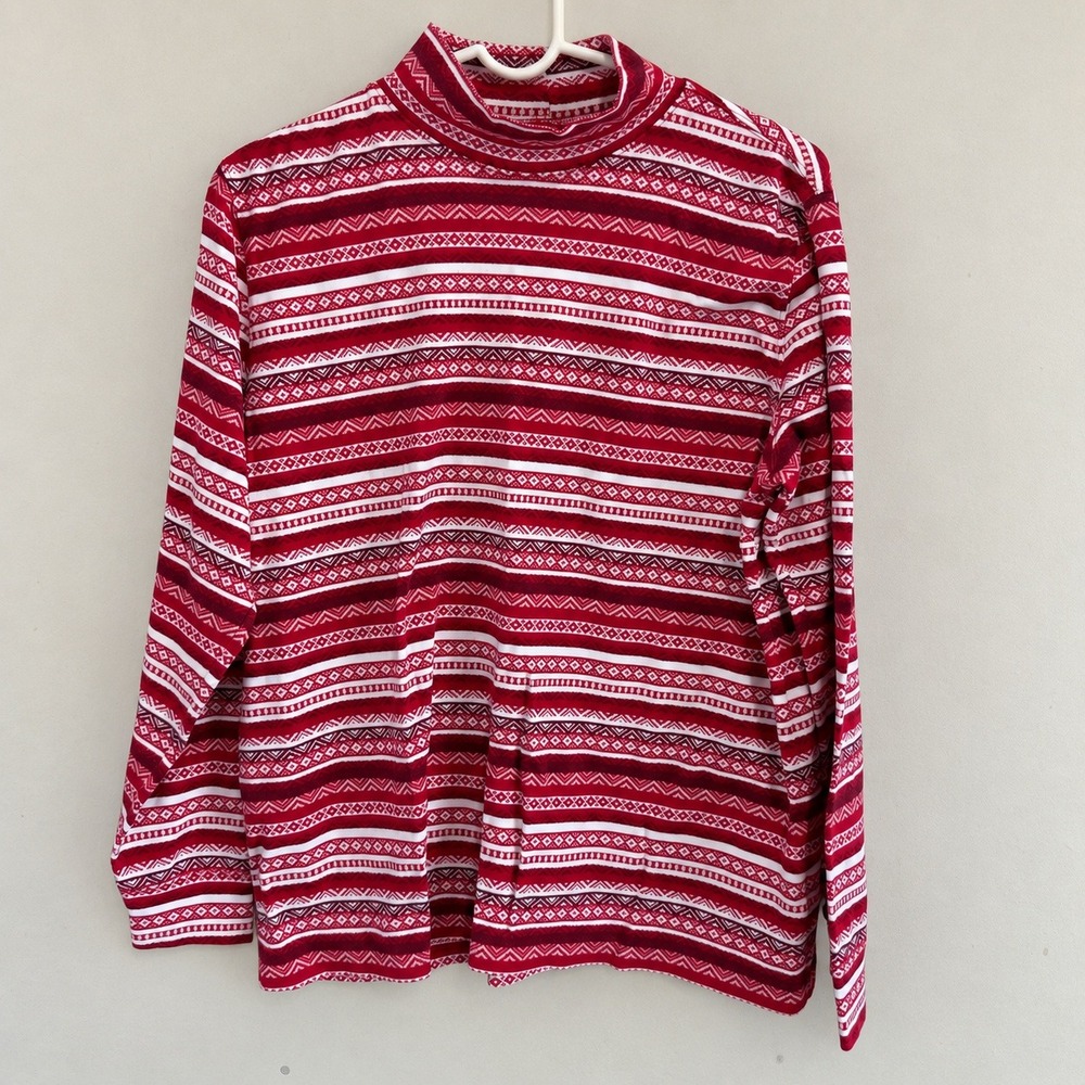 Lands End Womens L Tall 14-16 Red Fair Isle Cotton Mock Neck Top